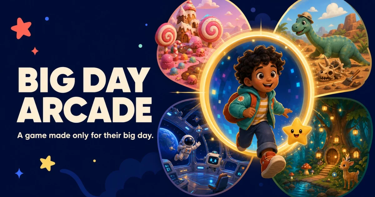A child explorer and star sidekick stepping into four original game worlds.