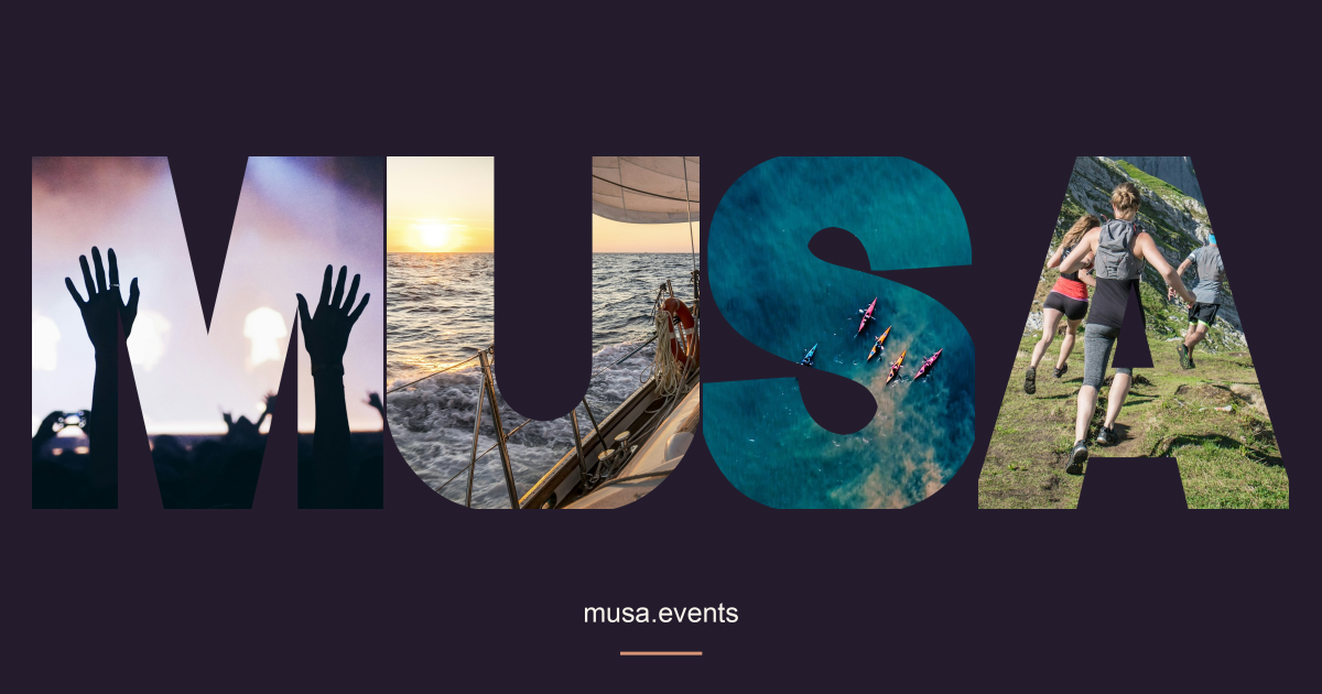 MUSA in photo-filled letters showing a concert, sailing, kayaking and hiking on a plum background, with musa.events beneath.