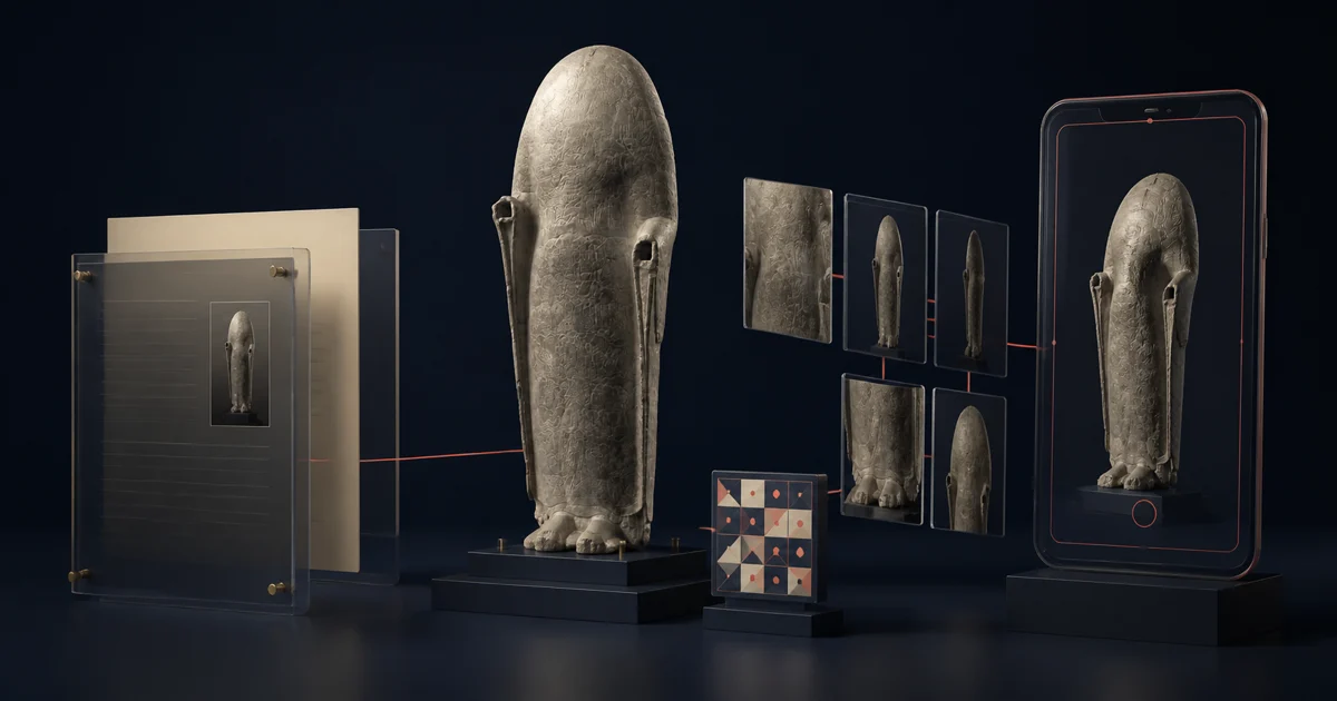 Illustrative Muse·AR collection object showing a Smithsonian Open Access artifact moving from a source record through image tiles to an optional AR view.