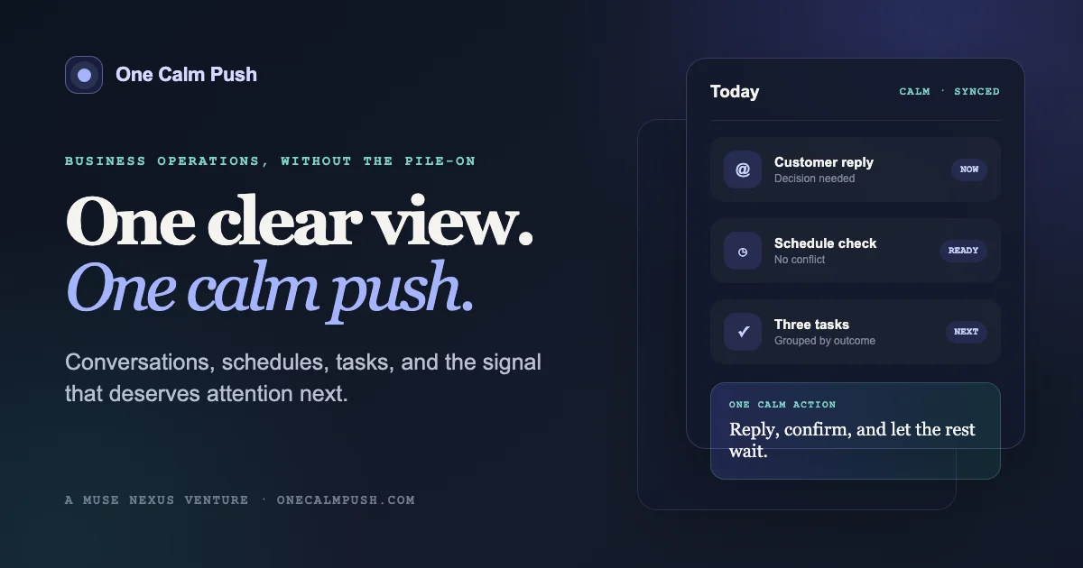 One Calm Push preview canvas showing one clear operations view and one calm next step.