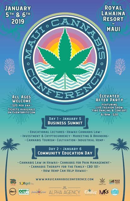 Maui Cannabis Conference January 2019 poster in blue, teal and yellow
