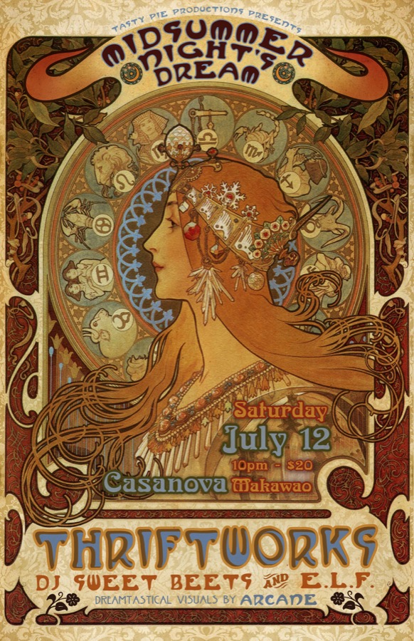 Thriftworks Midsummer Night’s Dream poster with an illustrated profile and warm gold tones
