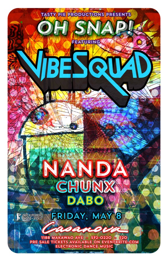 Vibesquad Oh Snap music poster with bold blue lettering and colorful geometric artwork