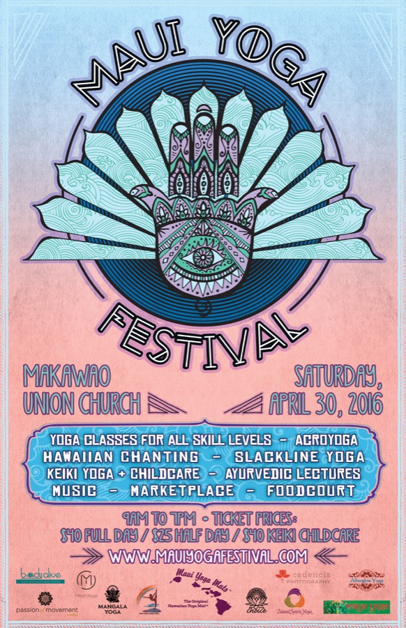 Maui Yoga Festival poster with a patterned hand on a coral and blue background