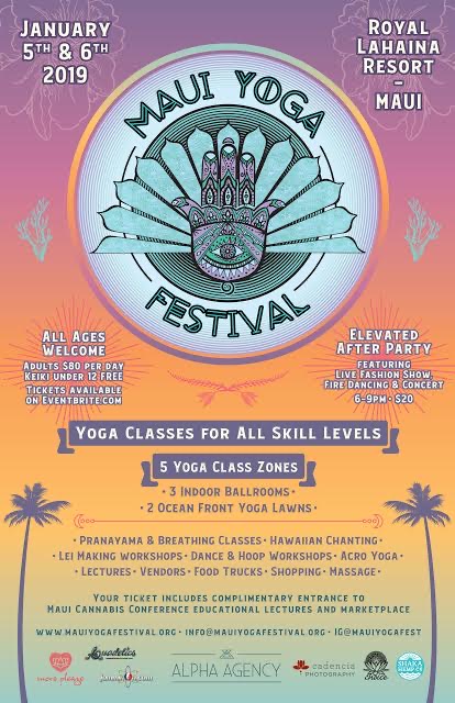 Maui Yoga Festival January 2019 poster in orange, violet and turquoise