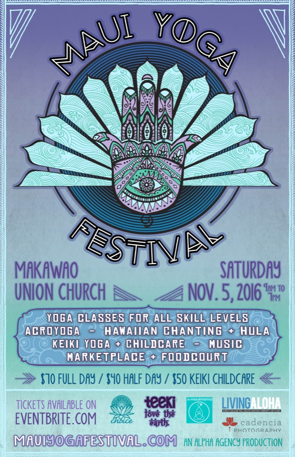Maui Yoga Festival November 2016 poster with a patterned hand on a violet and teal background